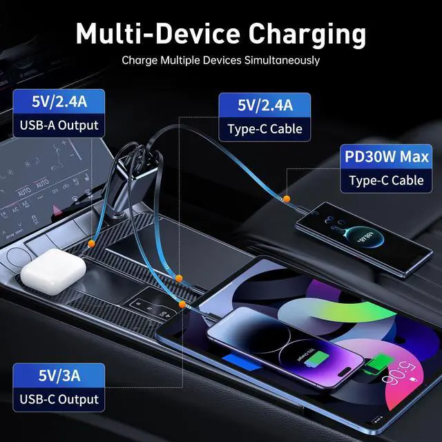 Alt view image 2 of 7 - Retractable Car Charger, Car Phone Charger with Cables Fast Charging, USB C Car Charger Adapter for iPhone 17 16 15 14 13 12, Samsung