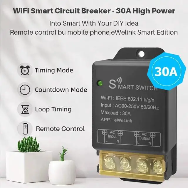 Alt view image 2 of 7 - Ewelink 30A Hight Power WiFi Smart Switch 110V/120V/240V, APP Remote with Timer, Wireless DIY Mode for Home Automation, Compatible with Alexa & Google Home