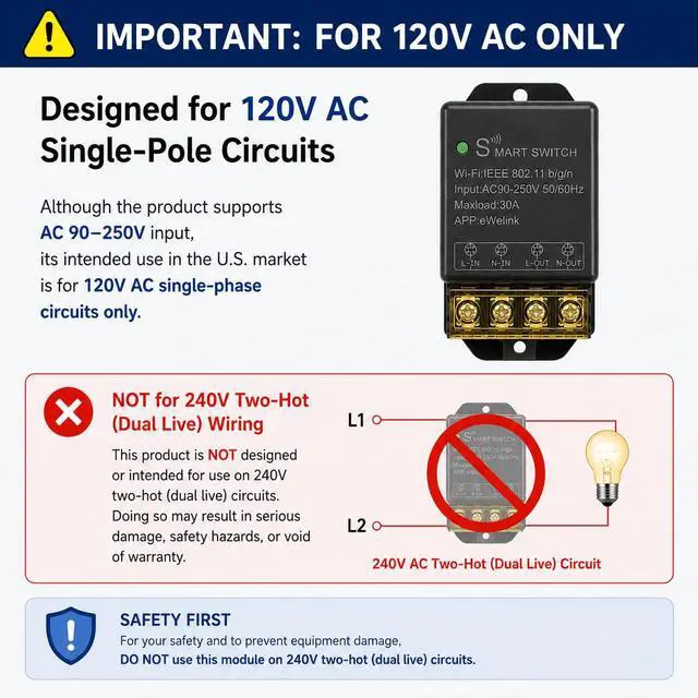 Alt view image 6 of 7 - Ewelink 30A Hight Power WiFi Smart Switch 110V/120V/240V, APP Remote with Timer, Wireless DIY Mode for Home Automation, Compatible with Alexa & Google Home