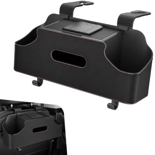Main image of 1 PC Backseat Organizer with Dual Cup Holder, Multi-function Tissue Hanging Box and 2 Hooks, Extra Rear Seat Road Trip Storage Accessories, Universal for Most Cars, Trucks, SUVs (Black)