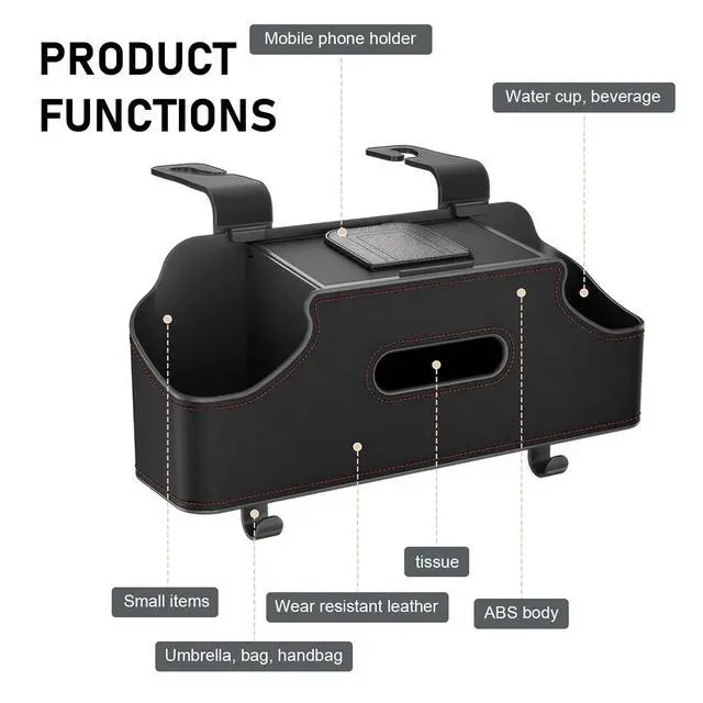 Alt view image 3 of 6 - 1 PC Backseat Organizer with Dual Cup Holder, Multi-function Tissue Hanging Box and 2 Hooks, Extra Rear Seat Road Trip Storage Accessories, Universal for Most Cars, Trucks, SUVs (Black)