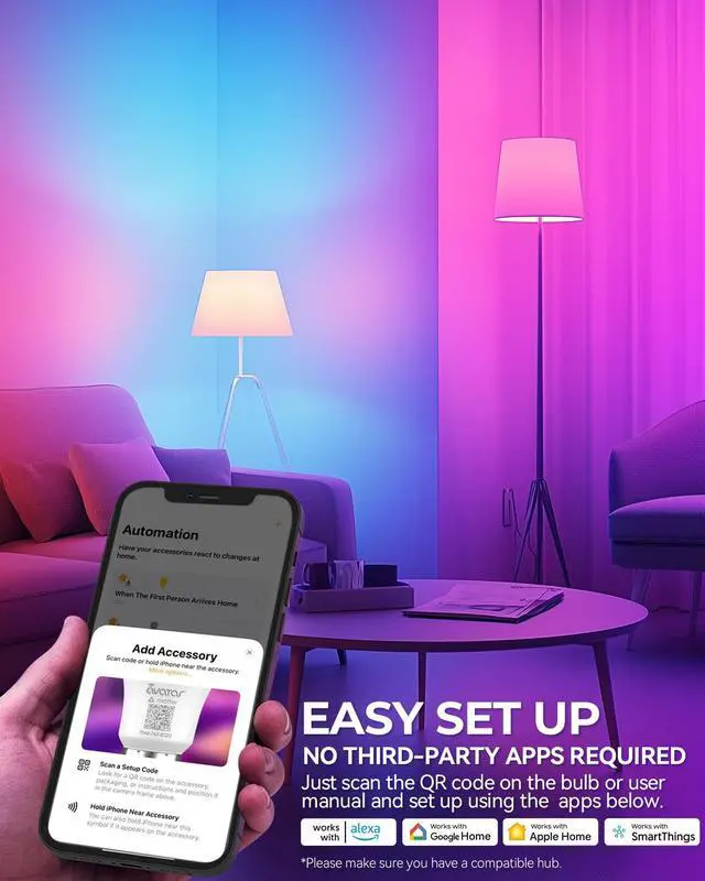 Alt view image 4 of 7 - Matter E12 Candelabra Smart Bulb - No Dedicated App Needed, Compatible with Apple Home, Alexa & Google. RGBCW Color & Tunable White for Bedroom Lamps, Living Room & Home Office Lighting(2 Pack)