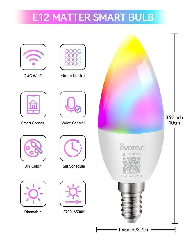 Alt view image 2 of 7 - Matter E12 Candelabra Smart Bulb - No Dedicated App Needed, Compatible with Apple Home, Alexa & Google. RGBCW Color & Tunable White for Bedroom Lamps, Living Room & Home Office Lighting(2 Pack)