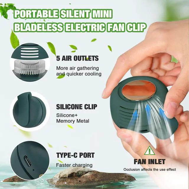 Alt view image 3 of 7 - Portable Silent Mini Bladeless Fan Clip on, Portable Silent Mini Bladeless Electric Fan, For Outdoor & Travel & Office, Travel Accessories, Gift, Adjustable 3-Speed (Type-c, Green)
