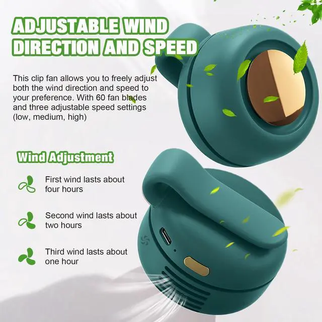 Alt view image 4 of 7 - Portable Silent Mini Bladeless Fan Clip on, Portable Silent Mini Bladeless Electric Fan, For Outdoor & Travel & Office, Travel Accessories, Gift, Adjustable 3-Speed (Type-c, Green)