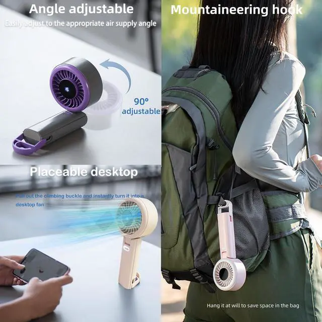 Alt view image 4 of 7 - Portable Fan-3 in 1 USB Rechargeable Handheld Mini Fan, Multifunctional Small Fans with 100 Speed Settings with Portable Carabiner and Neck Rope for Travel,Mountaineering,Beach and Personal Use