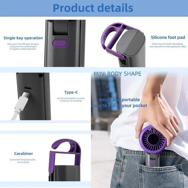 Alt view image 7 of 7 - Portable Fan-3 in 1 USB Rechargeable Handheld Mini Fan, Multifunctional Small Fans with 100 Speed Settings with Portable Carabiner and Neck Rope for Travel,Mountaineering,Beach and Personal Use