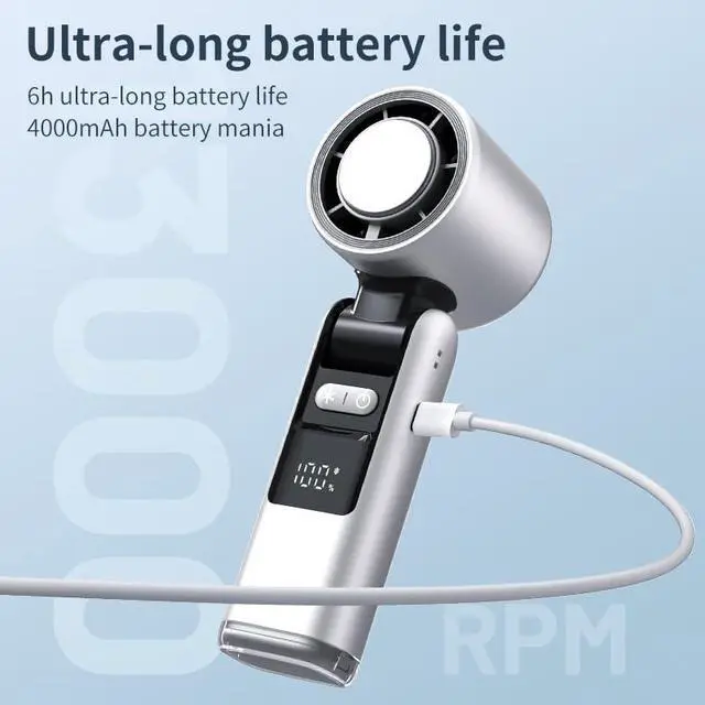 Alt view image 4 of 6 - Portable Fan Handheld Mini Turbo Fan Battery Operated Up to 10 Working Hours High Speed Powerful Ice Cooling 5 Speed Adjustable Rechargeable Personal Fans for Beach Camping Travel Working White