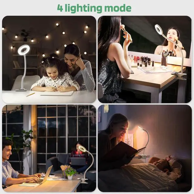 Alt view image 2 of 6 - LED Clip on Light, 36 LED Eye-Caring Reading Lamp for Dorm Room, 360° Flexible Gooseneck with 4 Color Modes, Dimmable Book Light for Bed, Desk, Headboard, Computer (White)