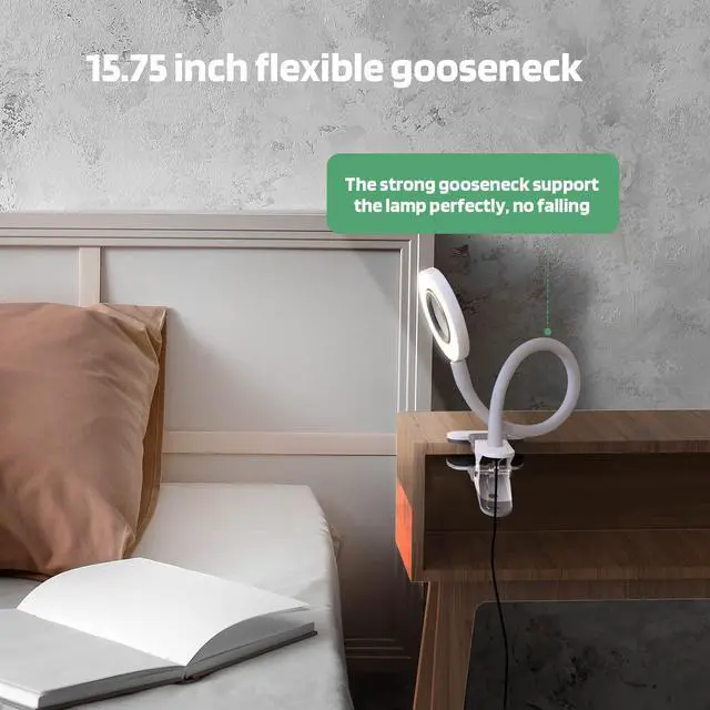 Alt view image 3 of 6 - LED Clip on Light, 36 LED Eye-Caring Reading Lamp for Dorm Room, 360° Flexible Gooseneck with 4 Color Modes, Dimmable Book Light for Bed, Desk, Headboard, Computer (White)