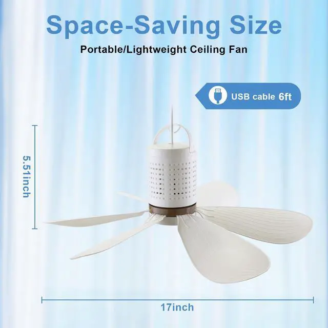 Alt view image 3 of 6 - Portable USB Powered Ceiling Fan Small 5V DC Ceiling Fan, Quiet Hanging Canopy Fan for Cruising Camping Bed Dormitory RV Tent Camping Gazebo Home Room