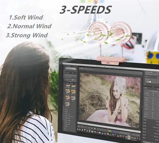 Alt view image 3 of 7 - Desktop Fan with 2 Rotatable Heads, 3 Speeds, Sturdy Clamp, USB Powered Cooling Fan for Office Desk & Laptop
