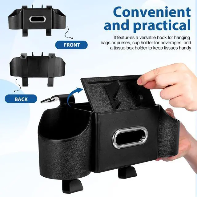 Alt view image 5 of 7 - 4 in 1 Backseat Car Organizer with Cup Holder Tissue Box and Hooks Multifunctional Seat Back Storage Box for Road Trip Travel Accessories Universal Auto Headrest Holder