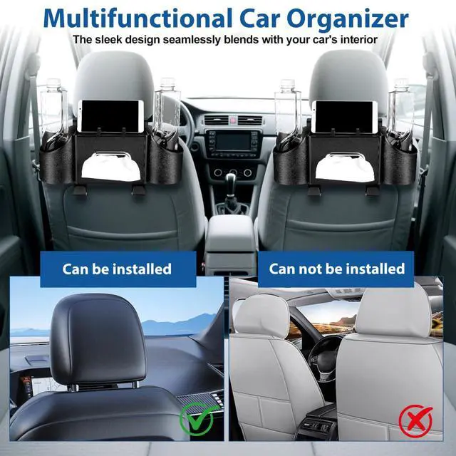 Alt view image 6 of 7 - 4 in 1 Backseat Car Organizer with Cup Holder Tissue Box and Hooks Multifunctional Seat Back Storage Box for Road Trip Travel Accessories Universal Auto Headrest Holder