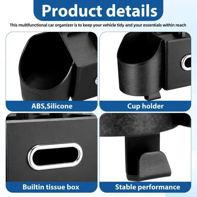 Alt view image 7 of 7 - 4 in 1 Backseat Car Organizer with Cup Holder Tissue Box and Hooks Multifunctional Seat Back Storage Box for Road Trip Travel Accessories Universal Auto Headrest Holder
