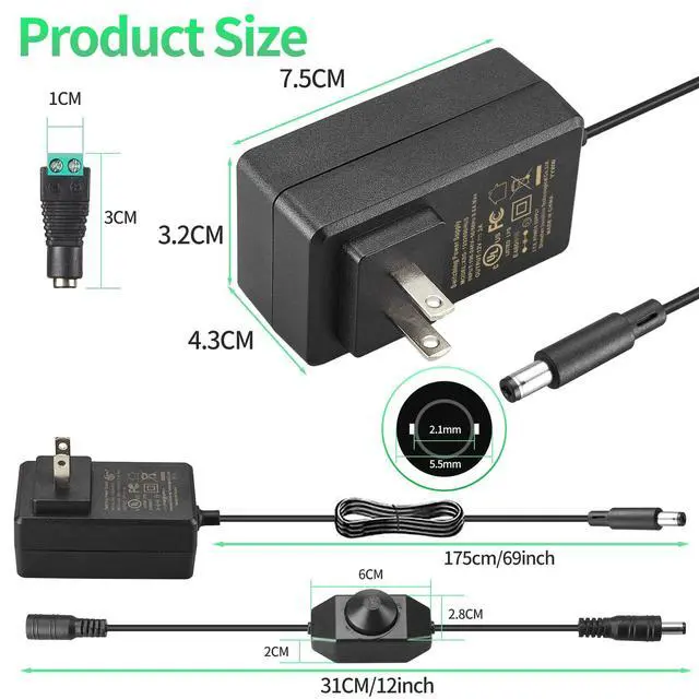 Alt view image 6 of 7 - 12V 2A Power Supply Class 2 UL Listed with LED Dimmer Switch,24W 100-240V AC/DC 12Volt 2Amp 1.5A 1A Adapter Power Supply with 5.5mm x 2.1 DC Jack Connector for LED Strip Light & Other Device