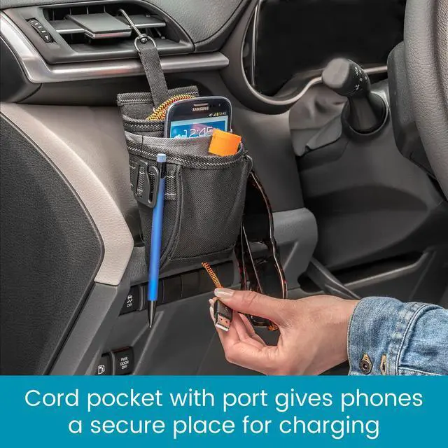 Alt view image 4 of 7 - Road DriverPockets Car Pouch - Air Vent Pocket and Vent Cell Phone Holder for Car - Front Seat Organizer with 3 Pockets, Hanging Hooks and Charging Port