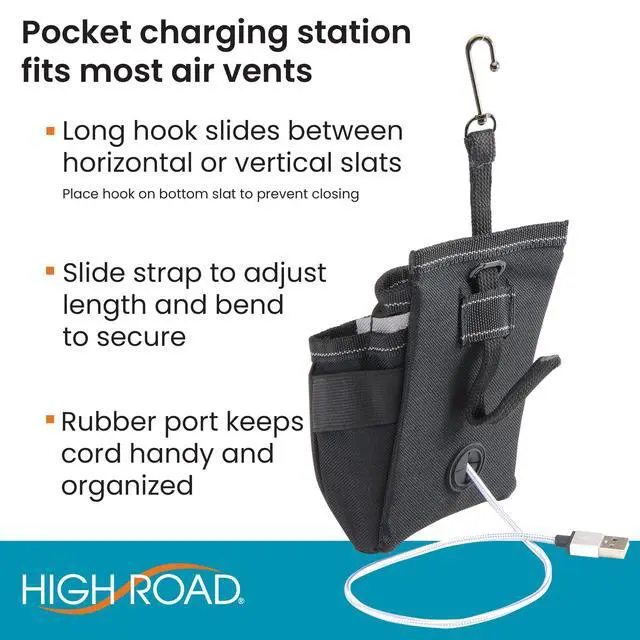 Alt view image 6 of 7 - Road DriverPockets Car Pouch - Air Vent Pocket and Vent Cell Phone Holder for Car - Front Seat Organizer with 3 Pockets, Hanging Hooks and Charging Port