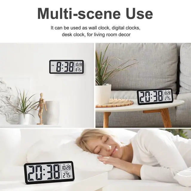 Alt view image 6 of 6 - LCD Digital Wall Clocks Battery Operated, 8.5" Modern Wall Clocks for Living Room Decor, Simple Digital Wall Clock with Temperature/Date/Time - 12/24H, Small Desk Clock for Bedroom Office