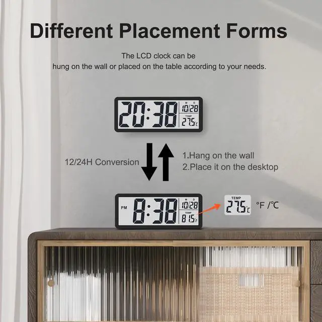 Alt view image 5 of 6 - LCD Digital Wall Clocks Battery Operated, 8.5" Modern Wall Clocks for Living Room Decor, Simple Digital Wall Clock with Temperature/Date/Time - 12/24H, Small Desk Clock for Bedroom Office