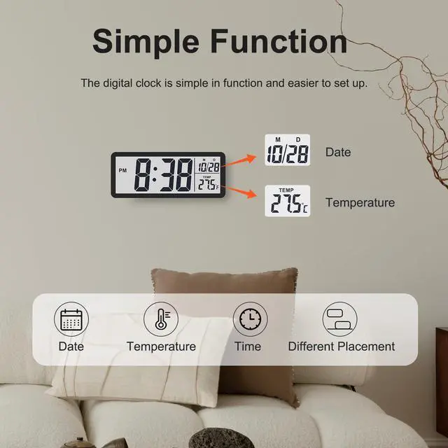 Alt view image 2 of 6 - LCD Digital Wall Clocks Battery Operated, 8.5" Modern Wall Clocks for Living Room Decor, Simple Digital Wall Clock with Temperature/Date/Time - 12/24H, Small Desk Clock for Bedroom Office