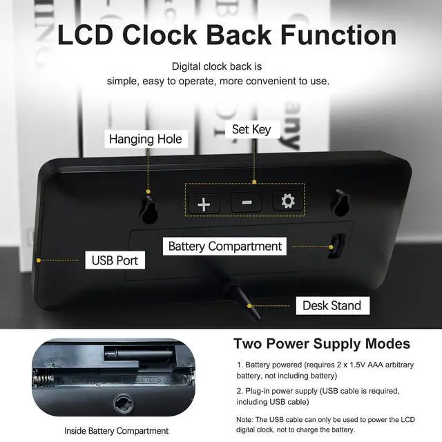 Alt view image 4 of 6 - LCD Digital Wall Clocks Battery Operated, 8.5" Modern Wall Clocks for Living Room Decor, Simple Digital Wall Clock with Temperature/Date/Time - 12/24H, Small Desk Clock for Bedroom Office