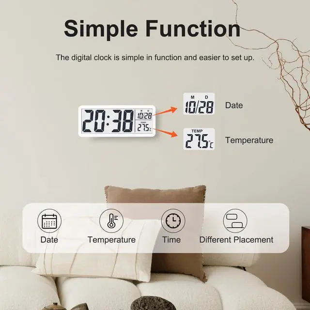 Alt view image 2 of 6 - LCD Digital Wall Clocks Battery Operated, 8.5" Modern Wall Clocks for Living Room Decor, Simple Digital Wall Clock with Temperature/Date/Time - 12/24H, Small Desk Clock for Bedroom Office