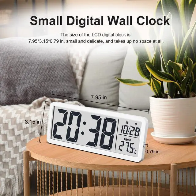 Alt view image 3 of 6 - LCD Digital Wall Clocks Battery Operated, 8.5" Modern Wall Clocks for Living Room Decor, Simple Digital Wall Clock with Temperature/Date/Time - 12/24H, Small Desk Clock for Bedroom Office