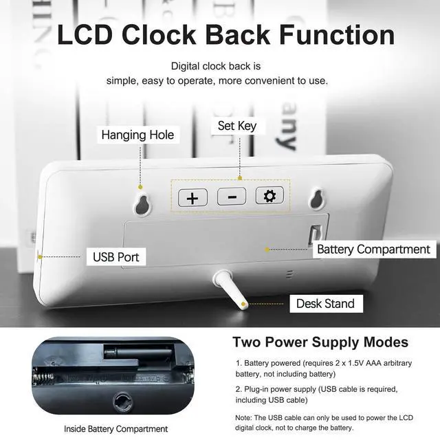 Alt view image 4 of 6 - LCD Digital Wall Clocks Battery Operated, 8.5" Modern Wall Clocks for Living Room Decor, Simple Digital Wall Clock with Temperature/Date/Time - 12/24H, Small Desk Clock for Bedroom Office