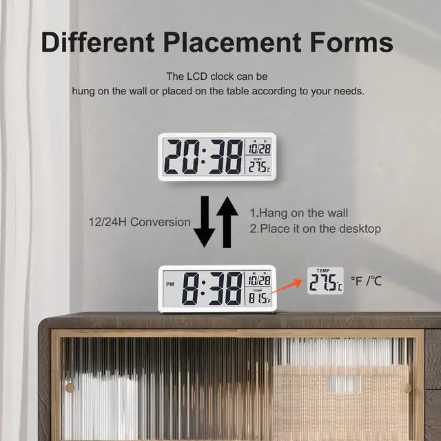 Alt view image 5 of 6 - LCD Digital Wall Clocks Battery Operated, 8.5" Modern Wall Clocks for Living Room Decor, Simple Digital Wall Clock with Temperature/Date/Time - 12/24H, Small Desk Clock for Bedroom Office