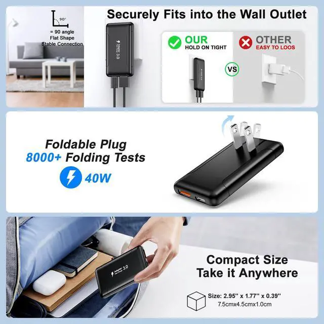 Alt view image 5 of 7 - Slim Flat USB C Wall Charger,50W Ultra Slim Dual Ports USB C Charger Block with Foldable Plug,Fast Portable Power Adapter with Type C Cables for iPhone 17/16/15/14/13/12 Pro Max,iPad,Galaxy,AirPods