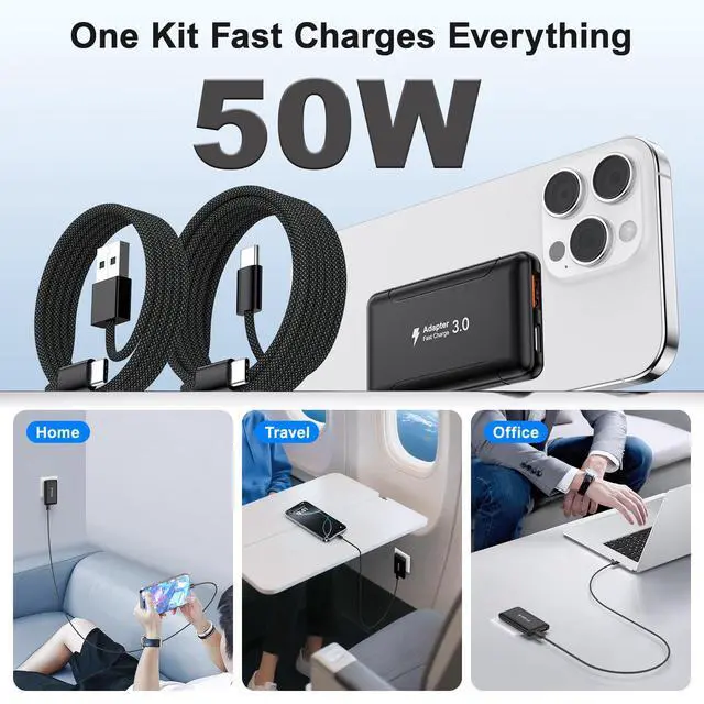 Alt view image 7 of 7 - Slim Flat USB C Wall Charger,50W Ultra Slim Dual Ports USB C Charger Block with Foldable Plug,Fast Portable Power Adapter with Type C Cables for iPhone 17/16/15/14/13/12 Pro Max,iPad,Galaxy,AirPods