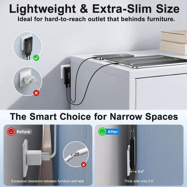 Alt view image 4 of 7 - Slim Flat USB C Wall Charger,50W Ultra Slim Dual Ports USB C Charger Block with Foldable Plug,Fast Portable Power Adapter with Type C Cables for iPhone 17/16/15/14/13/12 Pro Max,iPad,Galaxy,AirPods