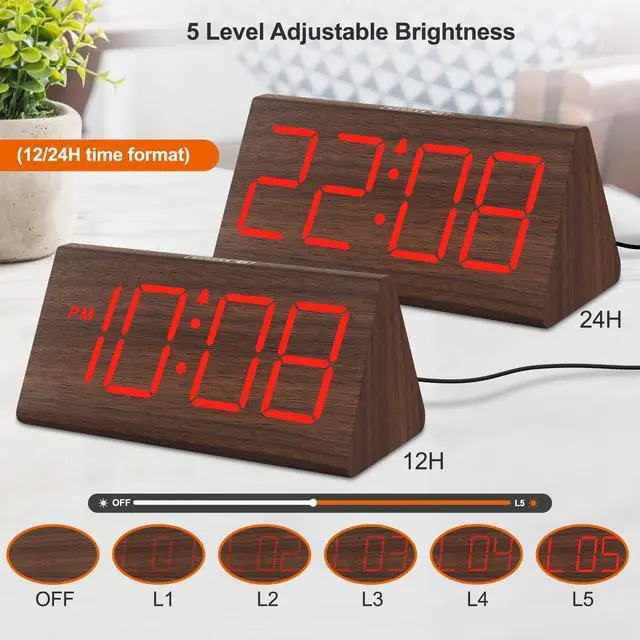 Alt view image 4 of 7 - Wooden Digital Alarm Clock for Bedrooms with Large Numbers