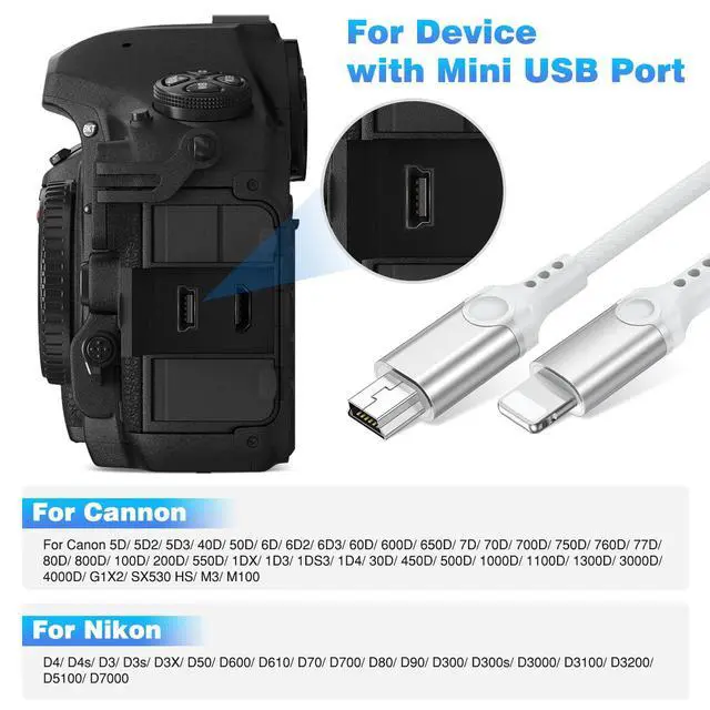 Alt view image 3 of 7 - for Lightning to Mini USB Camera Adapter Cable MFi-Certified for iPhone 14 13 12 11 XR 7 Plus Import Photos Video Mini-B USB DSLR Camera OTG Cable for Canon 100D/Nikon D610, Nylon Braided Cord 3.3ft
