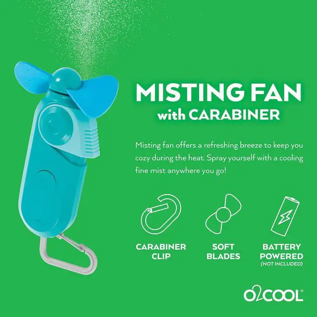 Alt view image 3 of 7 - Keychain Sport Misting Fan - Pocket Size Battery Powered Portable Handheld Fan With Carabiner Clip and Mister 2 Pack (Teal)