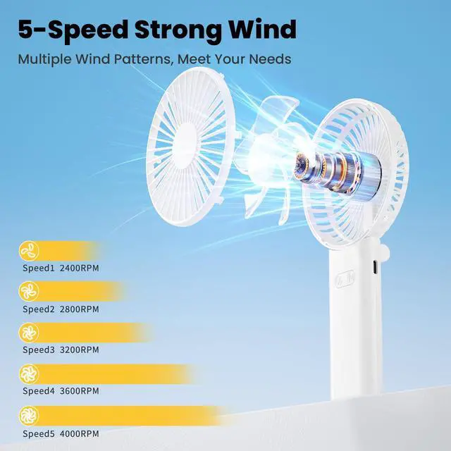 Alt view image 7 of 7 - Ultra- & Lightweight Handheld Fan (0.5in,0.3lb), 5 Speeds Portable Hand Held Fan USB Rechargeable 180° Foldable, Quiet Summer Essentials with Lanyard for Travel/Concerts/Lash (Pink)