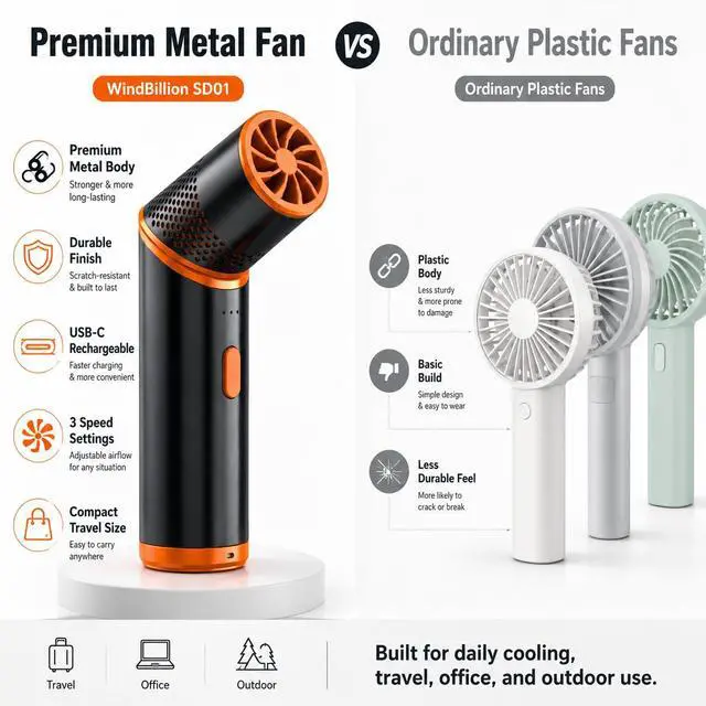 Alt view image 2 of 7 - Handheld Mini Fan, SD01 USB-C Rechargeable Portable Fan, 4900mAh 3-Speed Personal Fan with Lanyard, Storage Bag, Strong Airflow, Pocket Travel Fan for Office, Camping, Black Orange