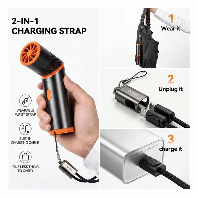 Alt view image 3 of 7 - Handheld Mini Fan, SD01 USB-C Rechargeable Portable Fan, 4900mAh 3-Speed Personal Fan with Lanyard, Storage Bag, Strong Airflow, Pocket Travel Fan for Office, Camping, Black Orange