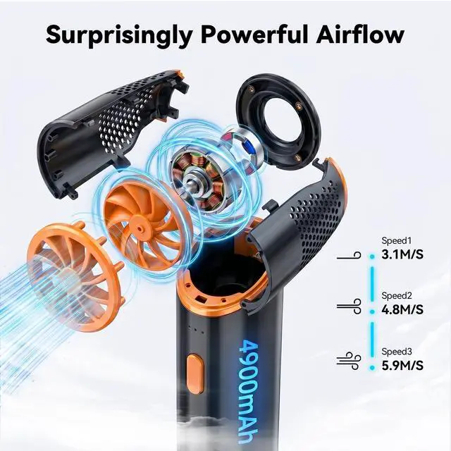 Alt view image 4 of 7 - Handheld Mini Fan, SD01 USB-C Rechargeable Portable Fan, 4900mAh 3-Speed Personal Fan with Lanyard, Storage Bag, Strong Airflow, Pocket Travel Fan for Office, Camping, Black Orange