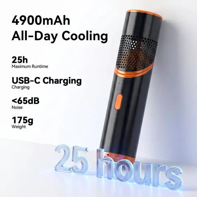 Alt view image 5 of 7 - Handheld Mini Fan, SD01 USB-C Rechargeable Portable Fan, 4900mAh 3-Speed Personal Fan with Lanyard, Storage Bag, Strong Airflow, Pocket Travel Fan for Office, Camping, Black Orange