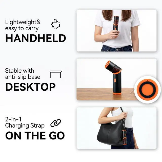 Alt view image 7 of 7 - Handheld Mini Fan, SD01 USB-C Rechargeable Portable Fan, 4900mAh 3-Speed Personal Fan with Lanyard, Storage Bag, Strong Airflow, Pocket Travel Fan for Office, Camping, Black Orange