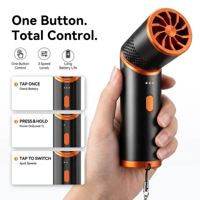 Alt view image 6 of 7 - Handheld Mini Fan, SD01 USB-C Rechargeable Portable Fan, 4900mAh 3-Speed Personal Fan with Lanyard, Storage Bag, Strong Airflow, Pocket Travel Fan for Office, Camping, Black Orange