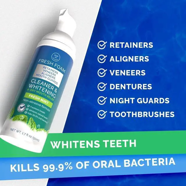 Alt view image 2 of 7 - Foam for Invisalign, Aligner Cleaner Whitening Foam for Mouth Guard Night Guard Veneers, Whitens Teeth, Freshens & Fights Bad Breath, 3% Hydrogen Peroxide, Mint - 50ml