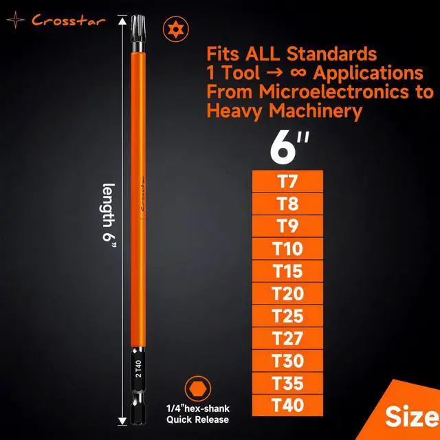 Alt view image 2 of 7 - 6" Impact Long Torx Bit Set 15pc (TT7-TT40) S2 Steel Security Tamper Proof Star Bits, 1/4" Hex-Shank Magnetic Holder & Storage Box w/Magnetizer