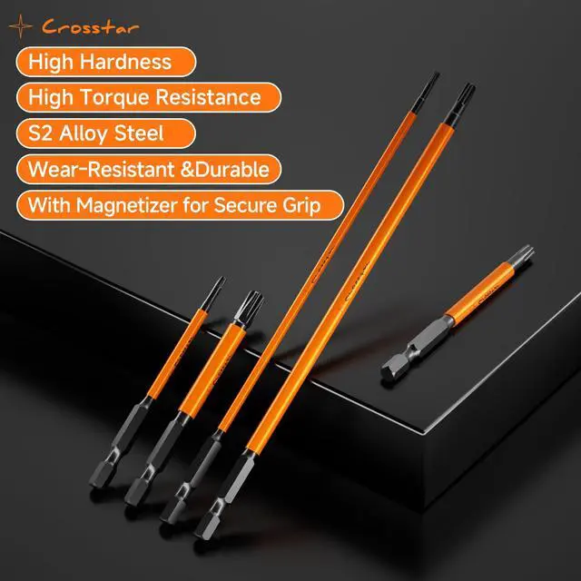 Alt view image 5 of 7 - 6" Impact Long Torx Bit Set 15pc (TT7-TT40) S2 Steel Security Tamper Proof Star Bits, 1/4" Hex-Shank Magnetic Holder & Storage Box w/Magnetizer