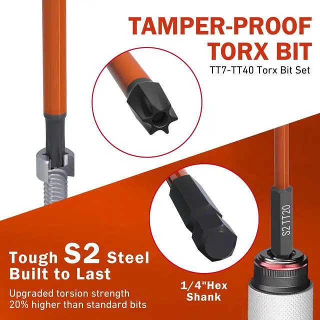 Alt view image 3 of 7 - 13-Piece Long Torx Security Bit Set, 6-Inch (150mm), TT7TT40, Magnetic S2 Steel, 1/4" Hex Shank, CNC Precision Tips for Impact Drivers