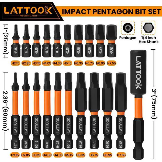 Alt view image 2 of 7 - Impact Pentagon Bit Set, LATTOOK 21-Pieces Metric 5 Sided Tamper Proof Security Bit Set, 1/4" Hex Shank Magnetic S2 Steel, 2.3'' & 1'' Long