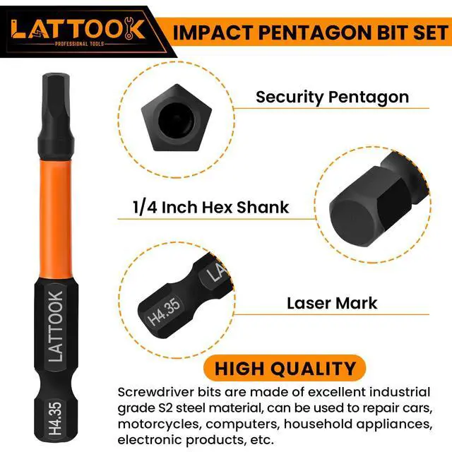 Alt view image 4 of 7 - Impact Pentagon Bit Set, LATTOOK 21-Pieces Metric 5 Sided Tamper Proof Security Bit Set, 1/4" Hex Shank Magnetic S2 Steel, 2.3'' & 1'' Long