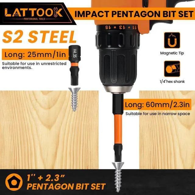 Alt view image 6 of 7 - Impact Pentagon Bit Set, LATTOOK 21-Pieces Metric 5 Sided Tamper Proof Security Bit Set, 1/4" Hex Shank Magnetic S2 Steel, 2.3'' & 1'' Long